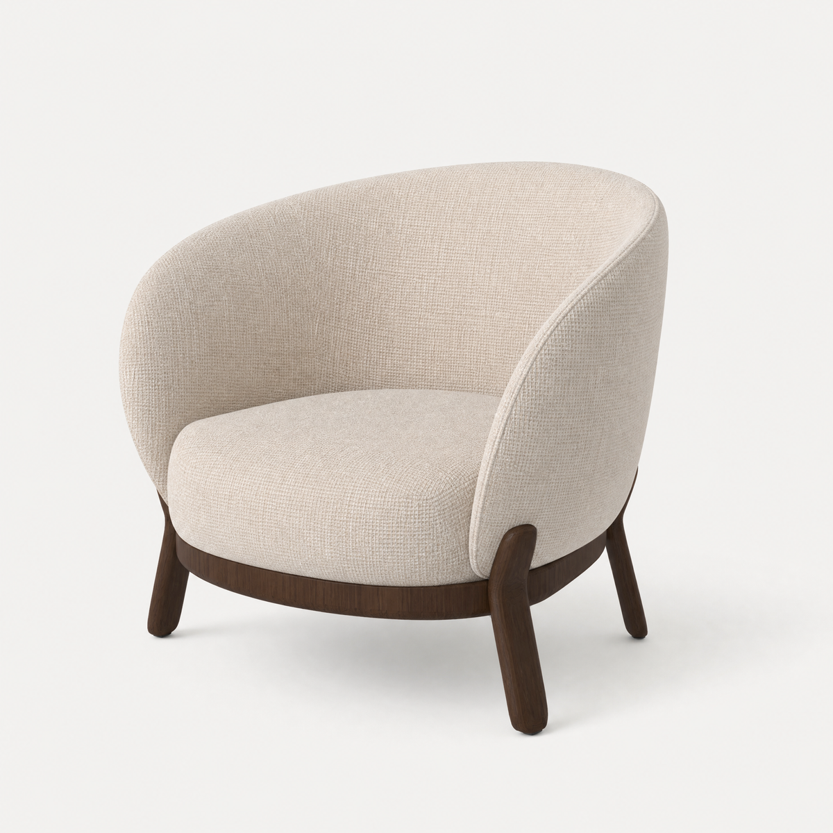 The Lifa Accent Chair by Ramón Esteve features a softly upholstered wraparound backrest and sculptural natural oak frame, available at ACERKA Miami.