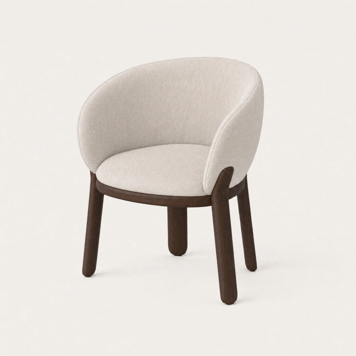 The Lifa Dining Chair by Ramón Esteve features a gently curved upholstered backrest and sculpted Dark Oak frame, available at ACERKA Miami.