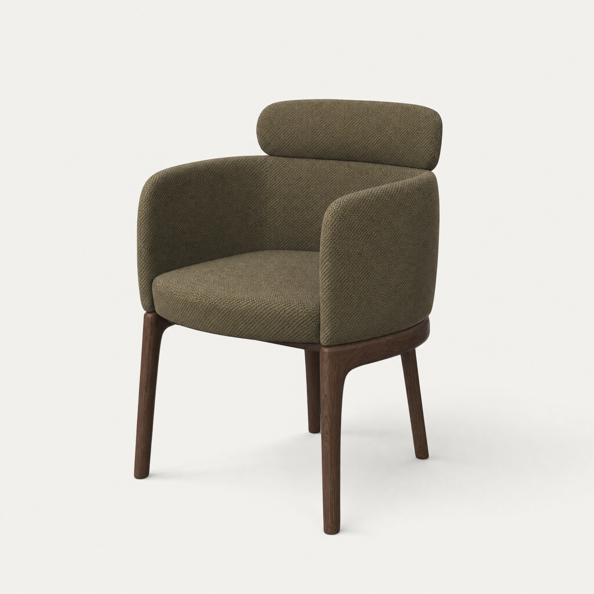 ACERKA Miami presents the Sia Dining Chair by Ramón Esteve, defined by a fully upholstered shell, floating lumbar cushion, and slender Dark Oak legs.