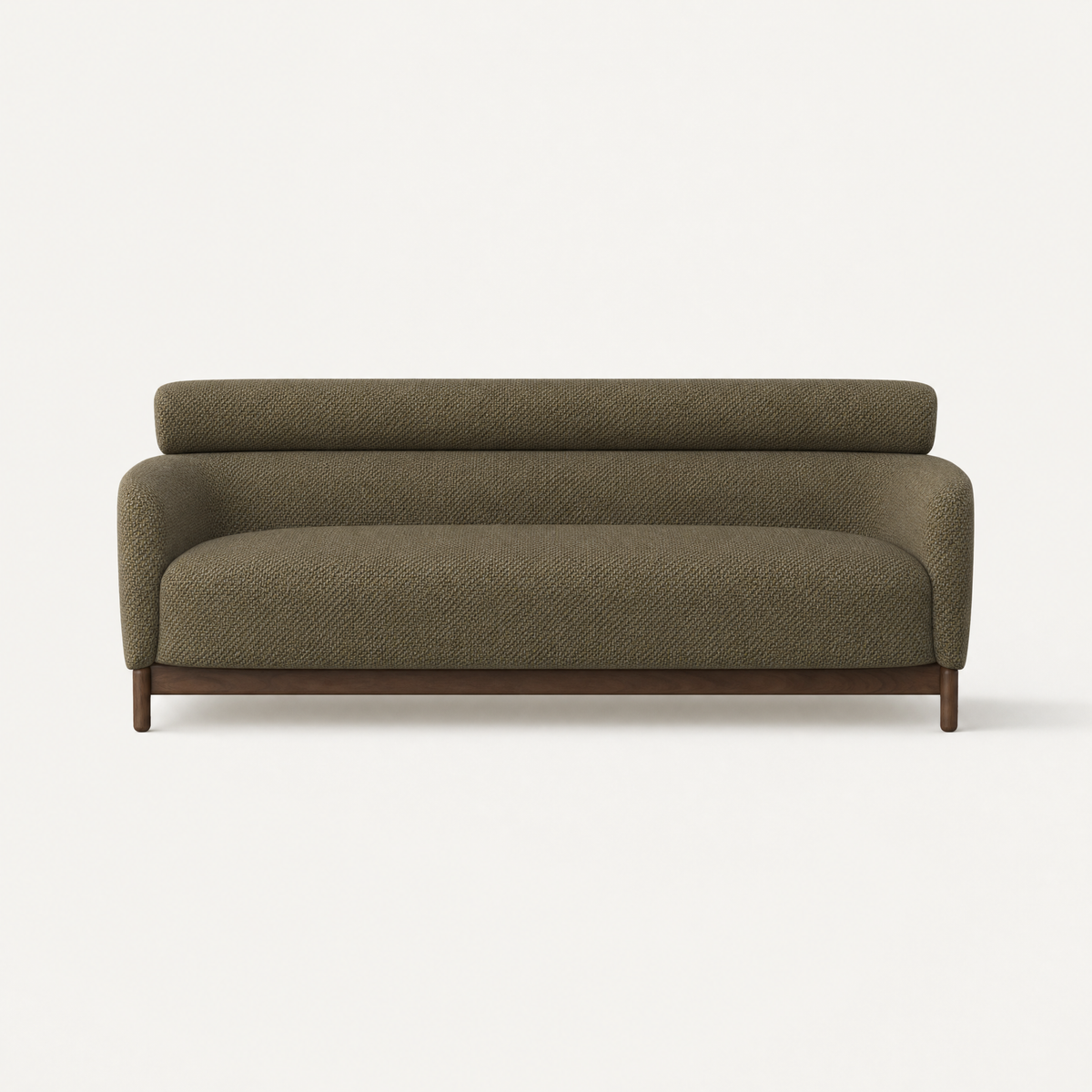 ACERKA Miami presents the Sia Medium Sofa by Ramón Esteve, featuring Olive Green upholstery, softly rounded arms, and a sculptural Dark Oak base.