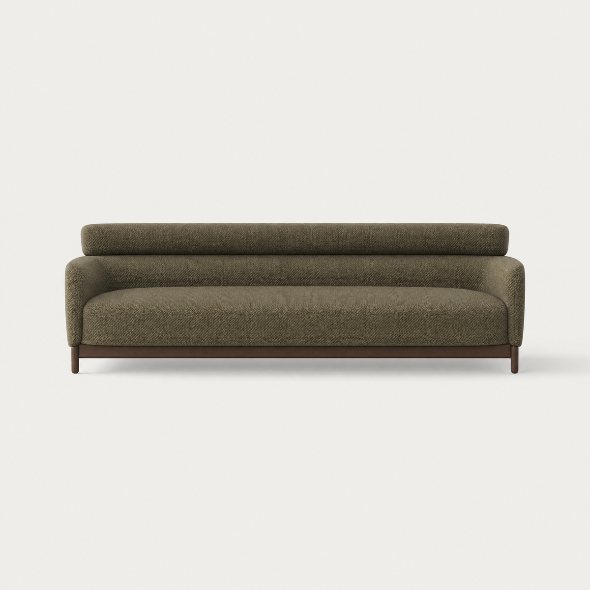 ACERKA Miami presents the Sia Large Sofa by Ramón Esteve, featuring rich Olive Green upholstery, rounded arms, and a sculptural Dark Oak base.