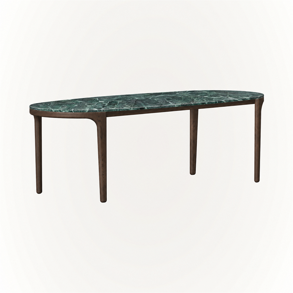 visual presence.
ACERKA Miami presents the Tcha Dining Table, featuring a richly veined Verde Alpi marble top supported by a slender Dark Oak frame and four-leg base.