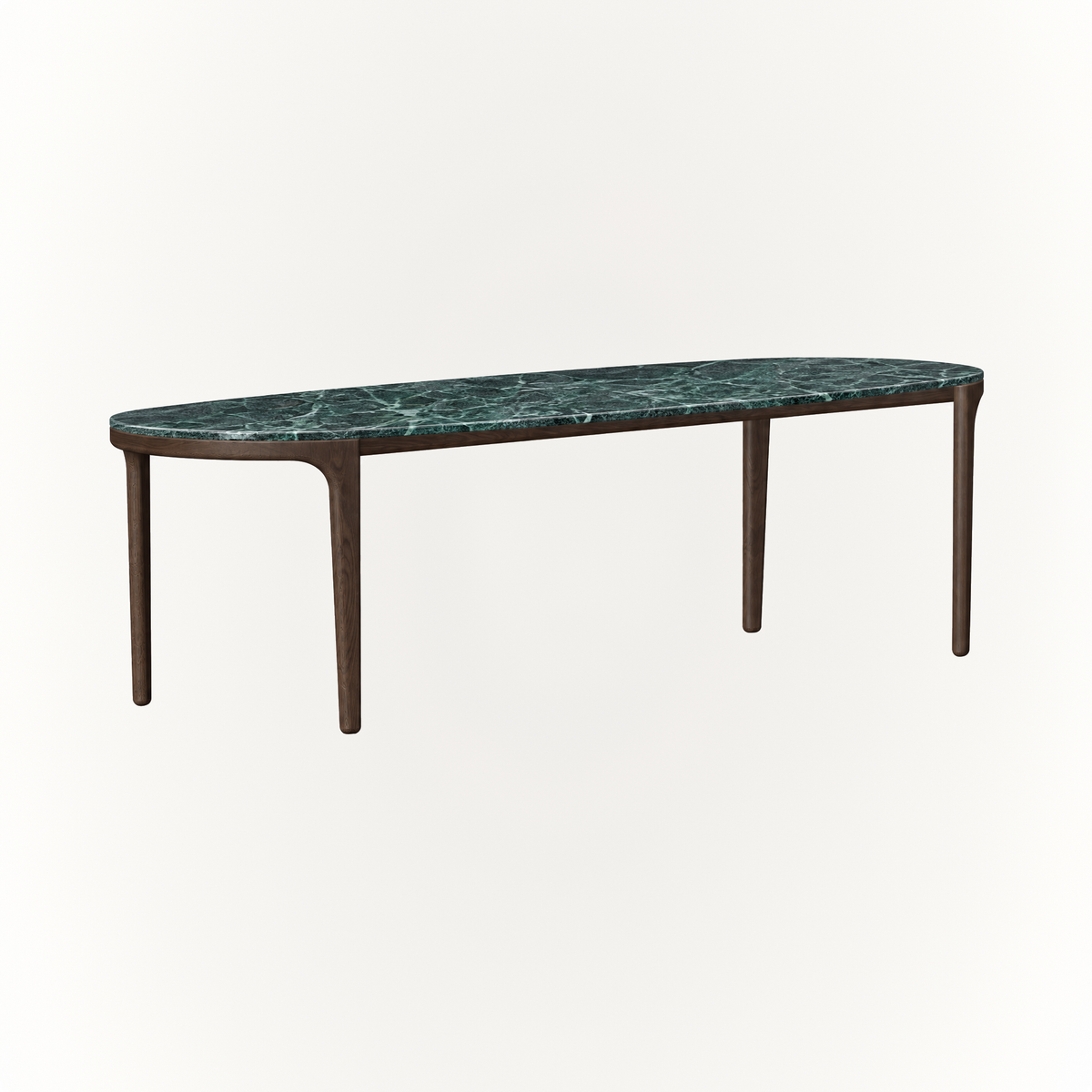 The Tcha Dining Table balances the bold veining of Verde Alpi marble with slender Dark Oak proportions for a contemporary dining centerpiece, showcased by ACERKA Miami.