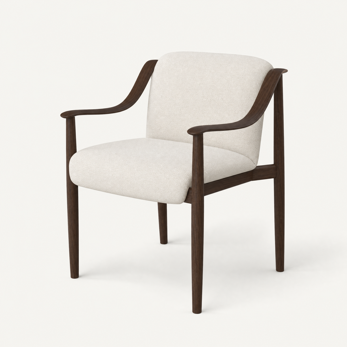 ACERKA Miami presents the Tibeto Dining Chair by Ramón Esteve, featuring a sculptural Dark Oak frame paired with generous Alpine White upholstery.