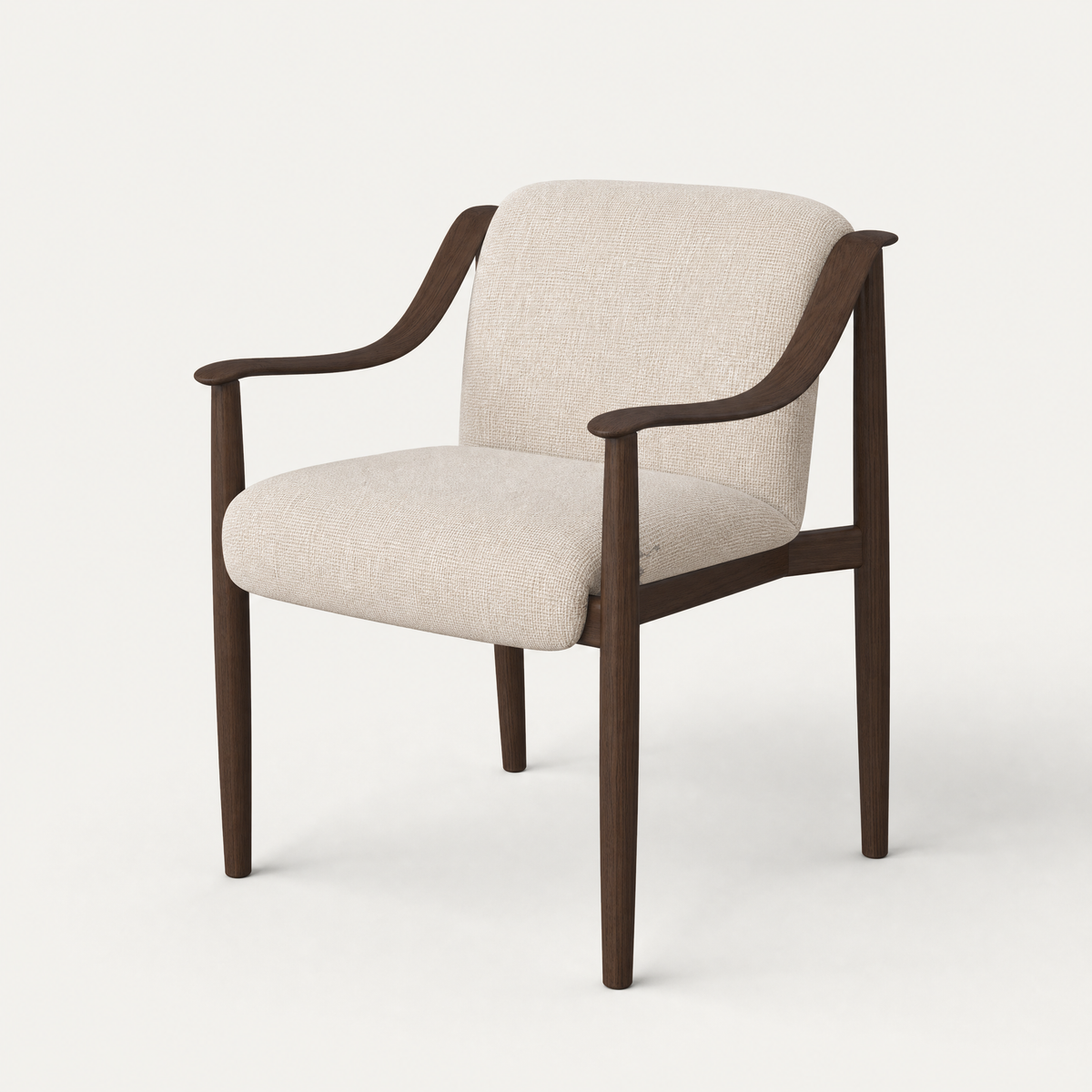 The Tibeto Dining Chair by Ramón Esteve pairs a sculptural Dark Oak frame with softly rounded Stone Beige upholstery, available at ACERKA Miami.