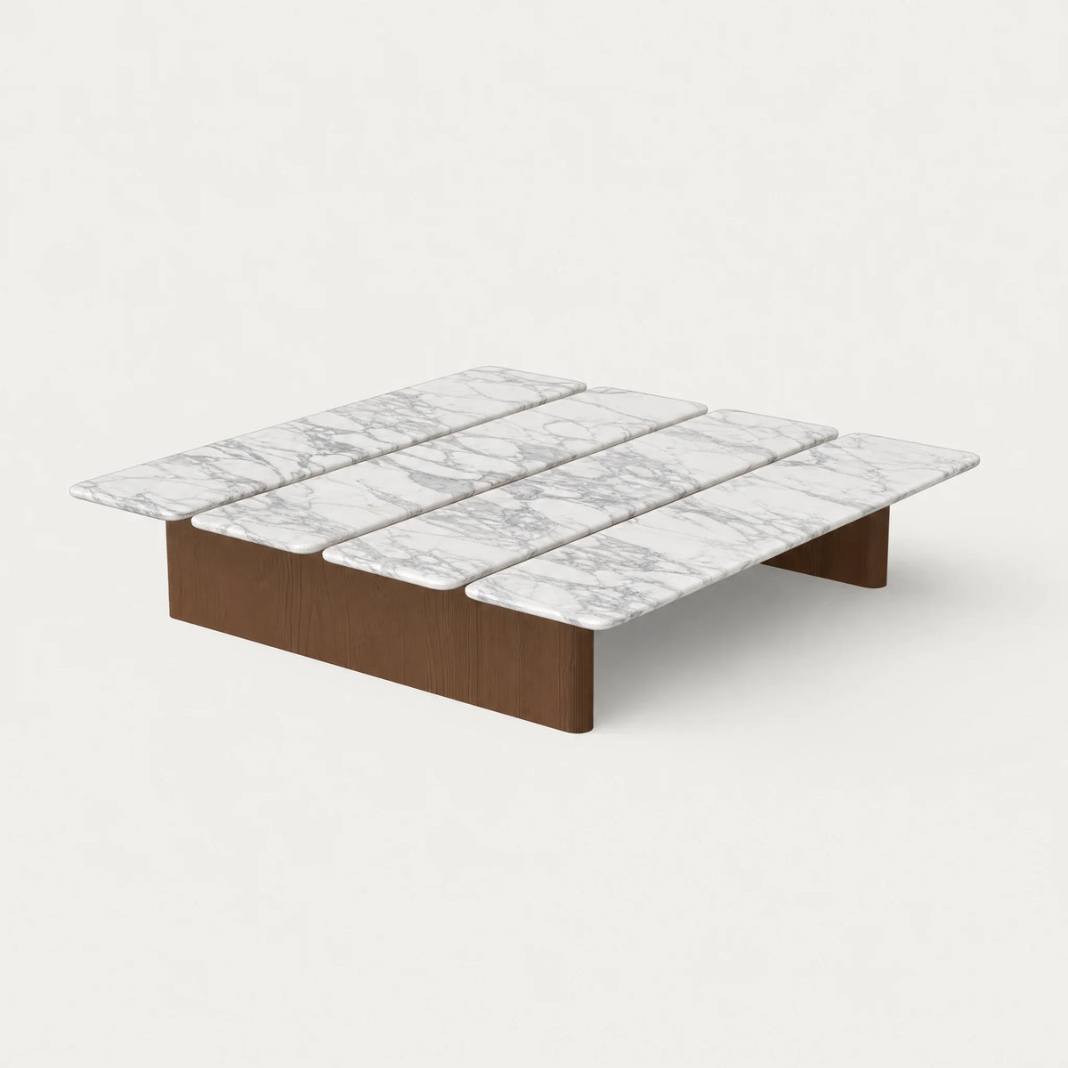Elevated three-quarter view of Valerio Sommella’s 55-inch Gasher Coffee Table, showing four rounded Arabescato marble slabs over a Dark Oak panel base.