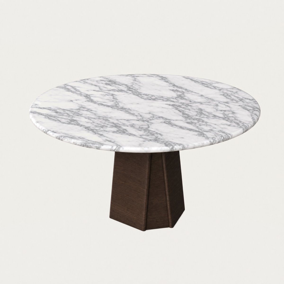 ACERKA Miami presents Valerio Sommella’s Chuli Round Dining Table, showcasing a circular Arabescato Marble top with distinctive gray veining and luminous tonal variation.