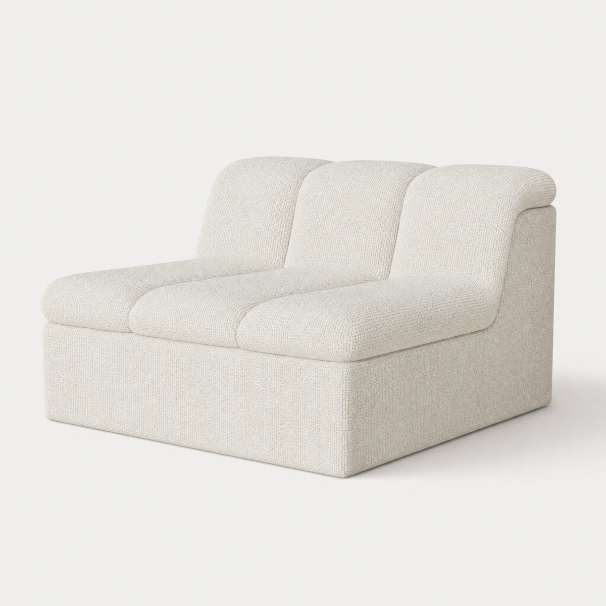 A modern low-profile modular sofa upholstered in a textured white fabric, shown from a three-quarter angle against a plain white background. Designed by Valerio Sommella for Acerka.