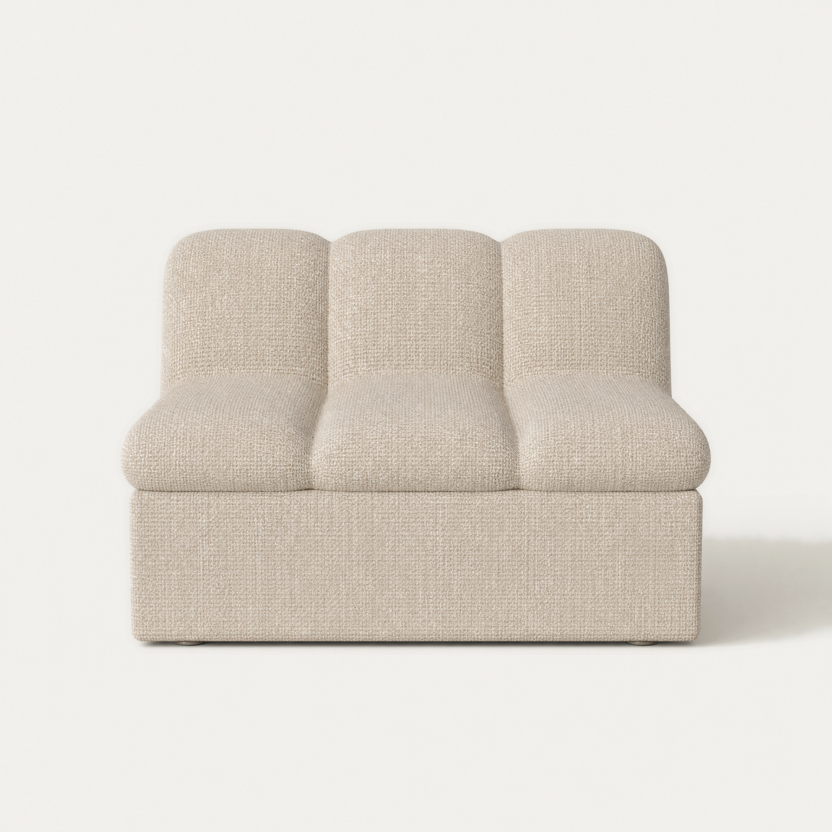 A modern upholstered sofa with a textured beige fabric, featuring three distinct back cushions and rounded backrest, set against a plain off-white background. Designed by Valerio Sommella for Acerka.