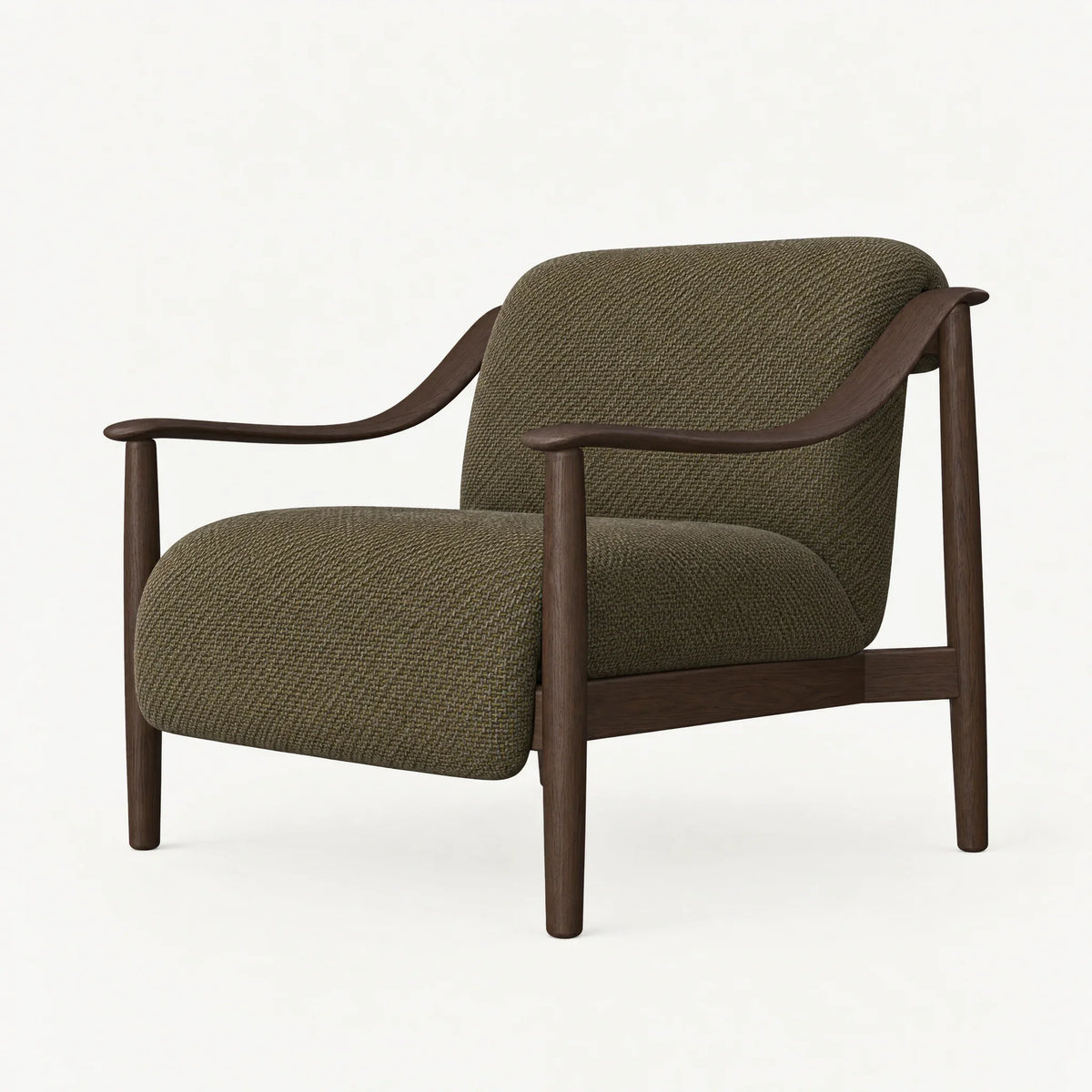 Angled view of Ramón Esteve's Tibeto lounge chair, showing Olive Green upholstery, sweeping dark oak armrests and an open timber frame.