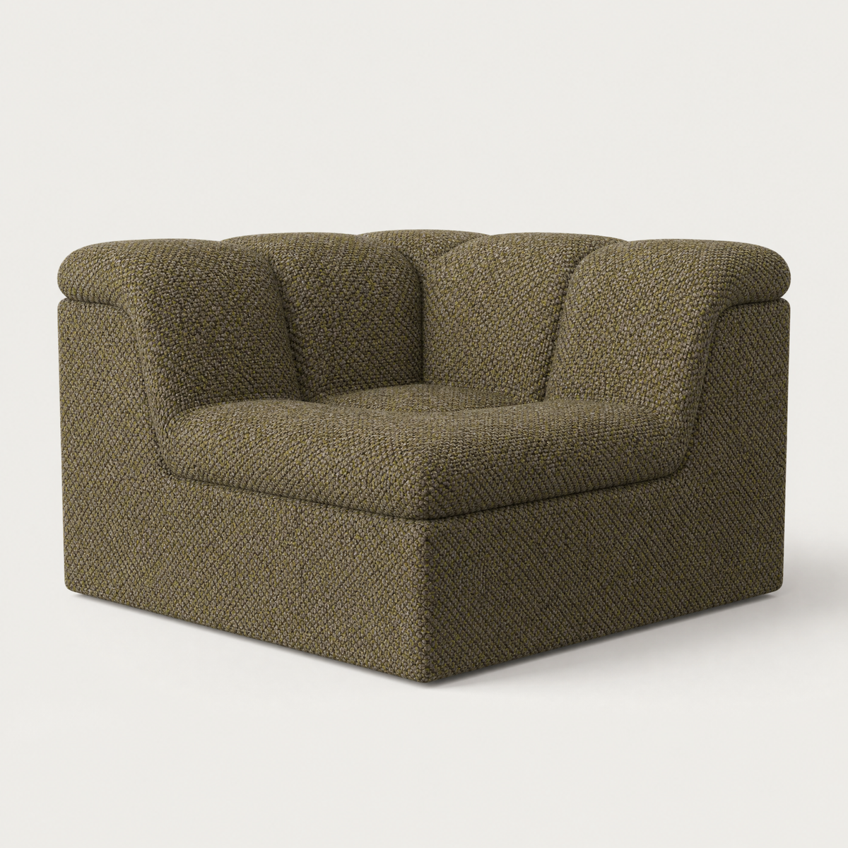 A modern low-profile armchair upholstered in a textured olive green bouclé fabric, shown from a three-quarters angle against a light gray background. Designed by Valerio Sommella for Acerka.