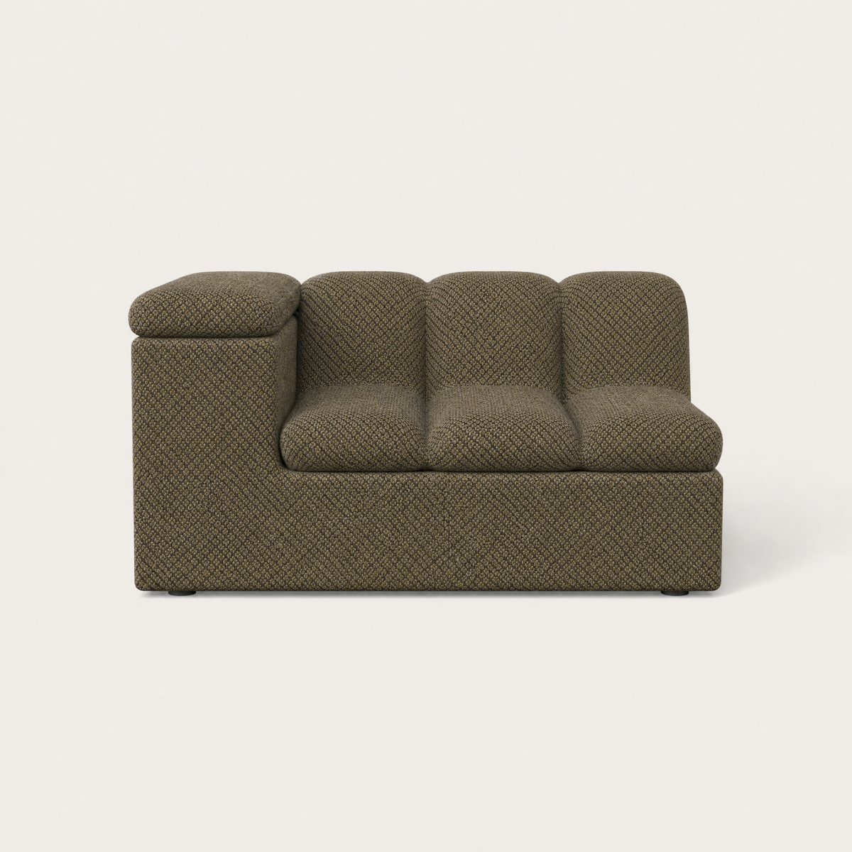 Devi Sofa in olive green upholstery, front view — Designed by Valerio Sommella for Acerka