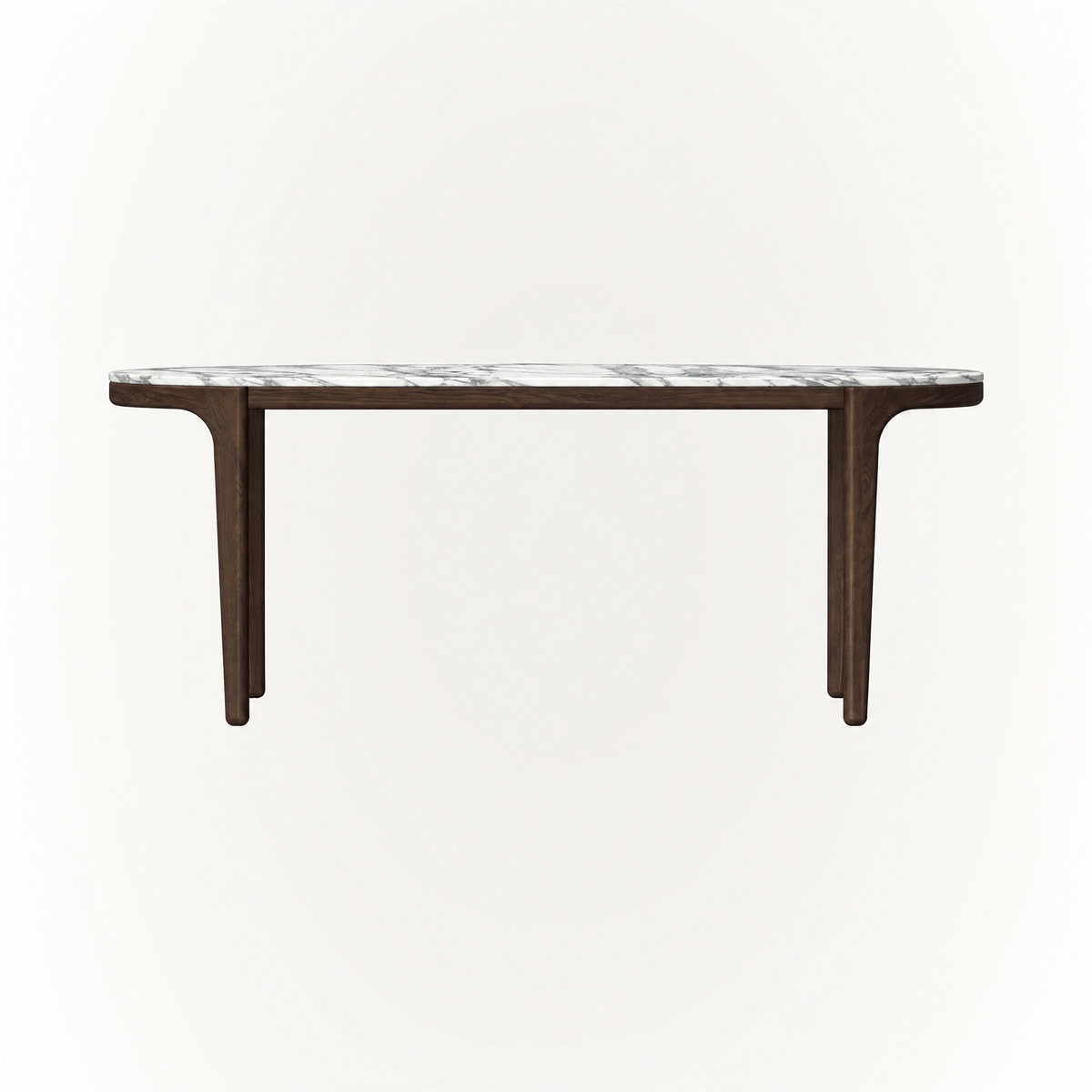 An elongated marble top with softly rounded edges defines the Tcha Dining Table at ACERKA Miami, supported by a clean architectural Dark Oak frame.