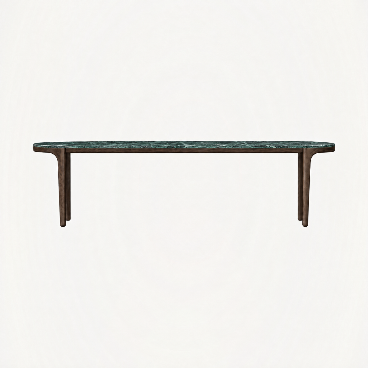 ACERKA Miami presents the Tcha Dining Table, featuring a dramatic Verde Alpi marble top with deep green tones and a slender Dark Oak frame.