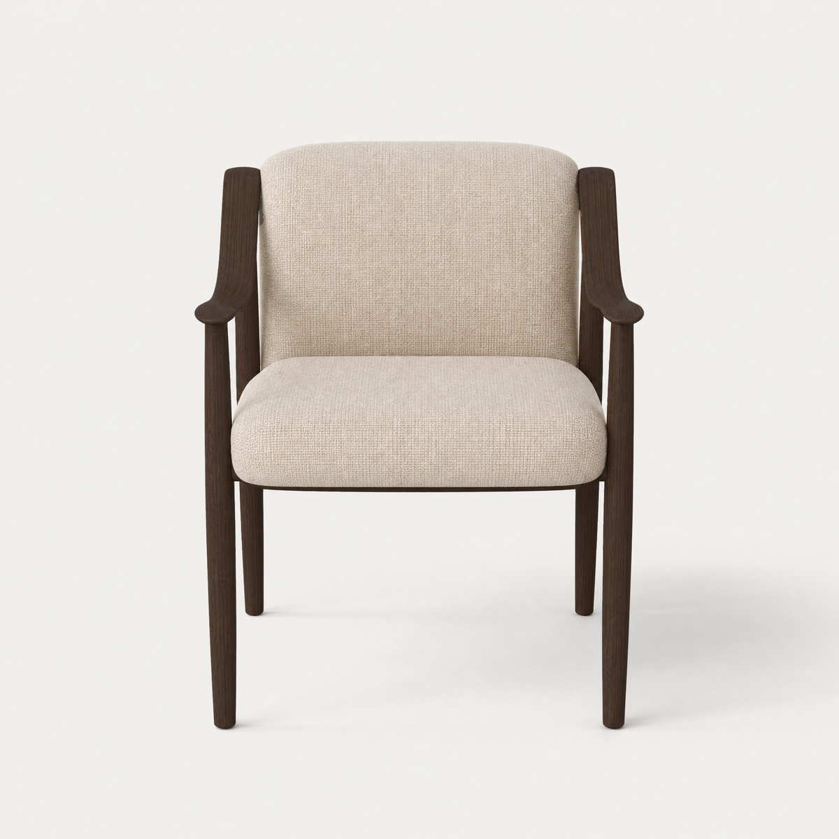 ACERKA Miami presents Ramón Esteve’s Tibeto Dining Chair, featuring broad carved oak armrests, slender legs, and generous Stone Beige upholstery.