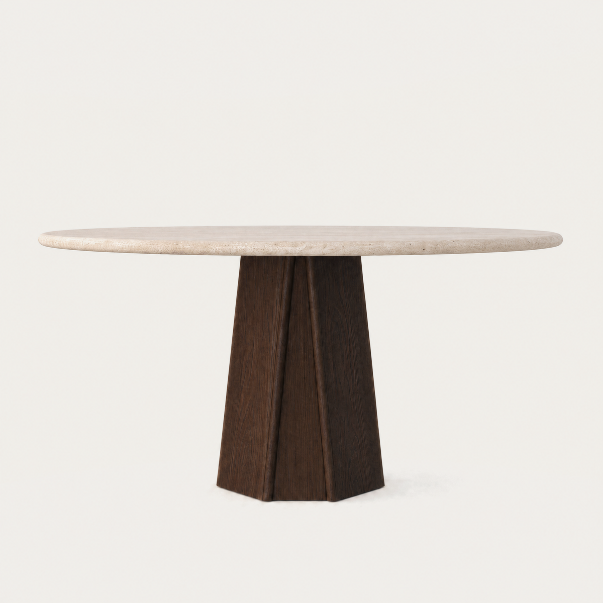 ACERKA Miami showcases the Chuli Round Dining Table by Valerio Sommella, crafted with a circular Italian Light Travertine top and sculptural architectural base.
