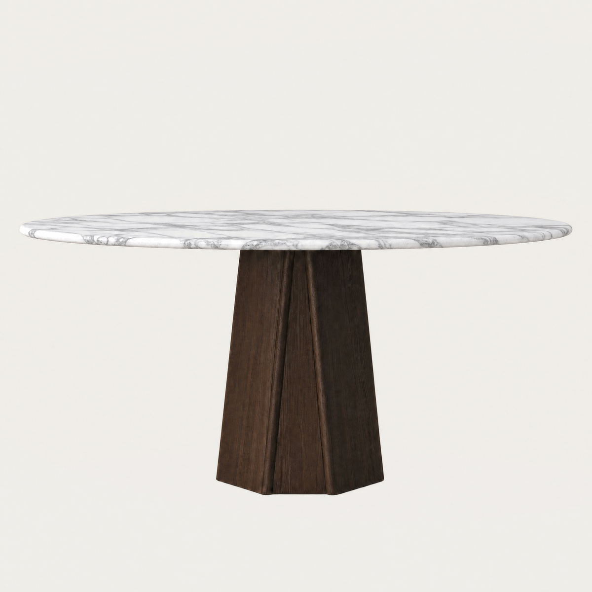 ACERKA Miami presents the Chuli Round Dining Table by Valerio Sommella, featuring a circular Italian Arabescato Marble top with expressive gray veining and a bold architectural base.