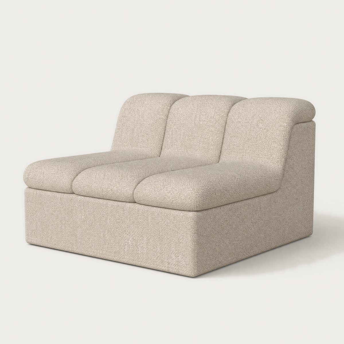 A modern low-profile modular sofa upholstered in a textured light beige fabric, shown from a three-quarter angle against a solid off-white background. Designed by Valerio Sommella for Acerka.