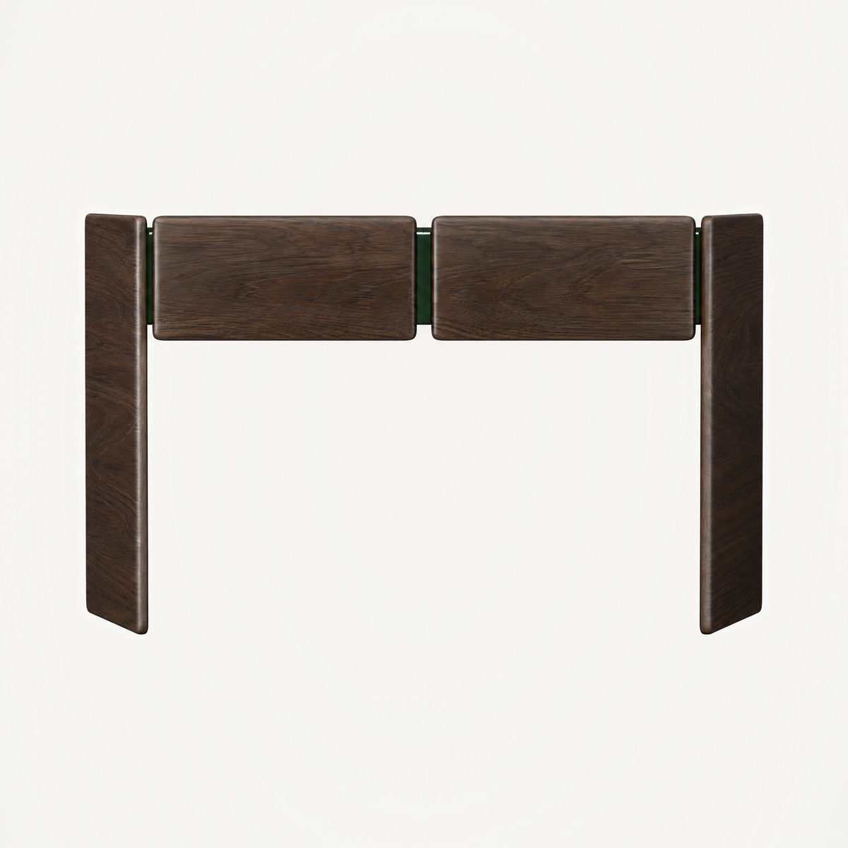 ACERKA Miami presents the Dista Console by Valerio Sommella, featuring broad Dark Oak panels, softly rounded edges, and a distinctive recessed green top.