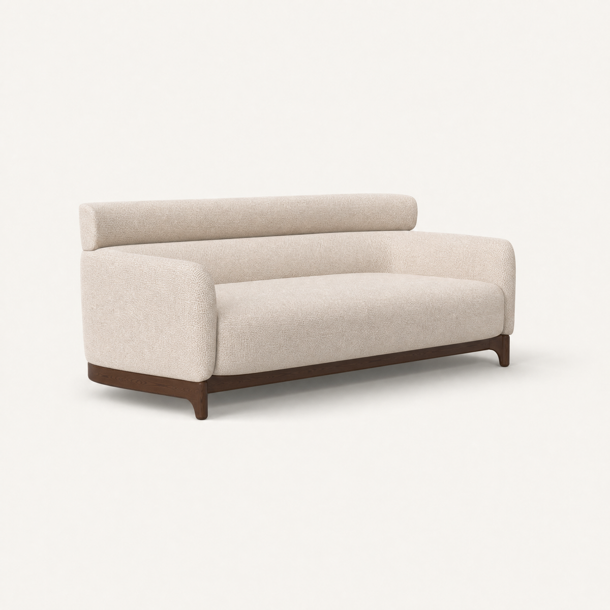 ACERKA Miami showcases Ramón Esteve’s Sia Medium Sofa, combining softly rounded Stone Beige upholstery with a curved oak base and slender integrated legs.