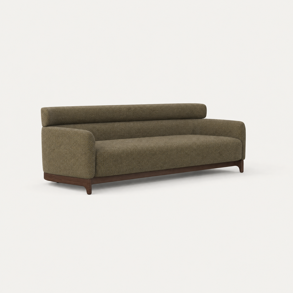 The Sia Large Sofa by Ramón Esteve pairs an enveloping Olive Green silhouette with a curved Dark Oak base and slender integrated legs, available at ACERKA Miami.