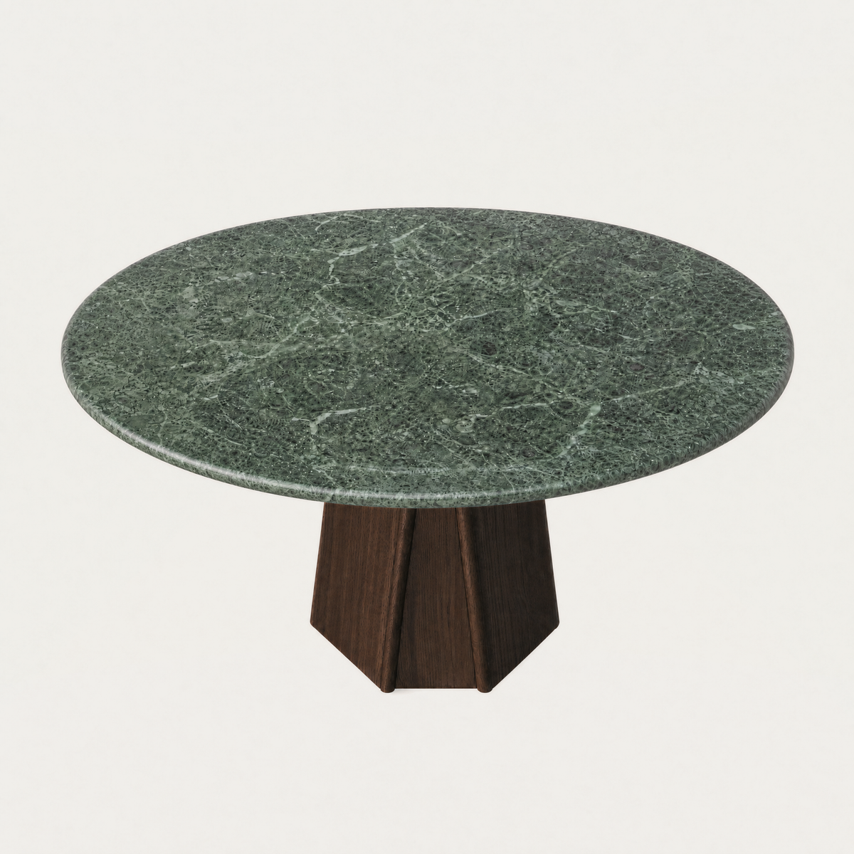 Designed by Valerio Sommella, the Chuli Round Dining Table combines richly veined Verde Alpi marble and warm sculpted oak within the ACERKA Miami collection.