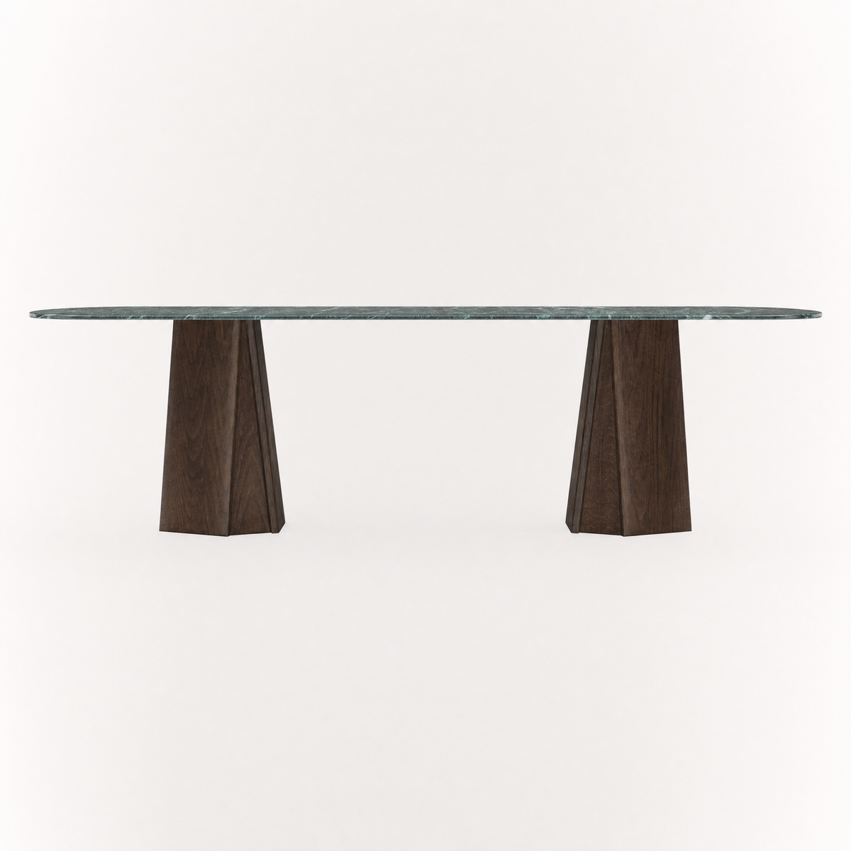 Deep green Verde Alpi marble defines the Chuli Rectangular Dining Table by Valerio Sommella, paired with sculptural oak pedestals and presented by ACERKA Miami.