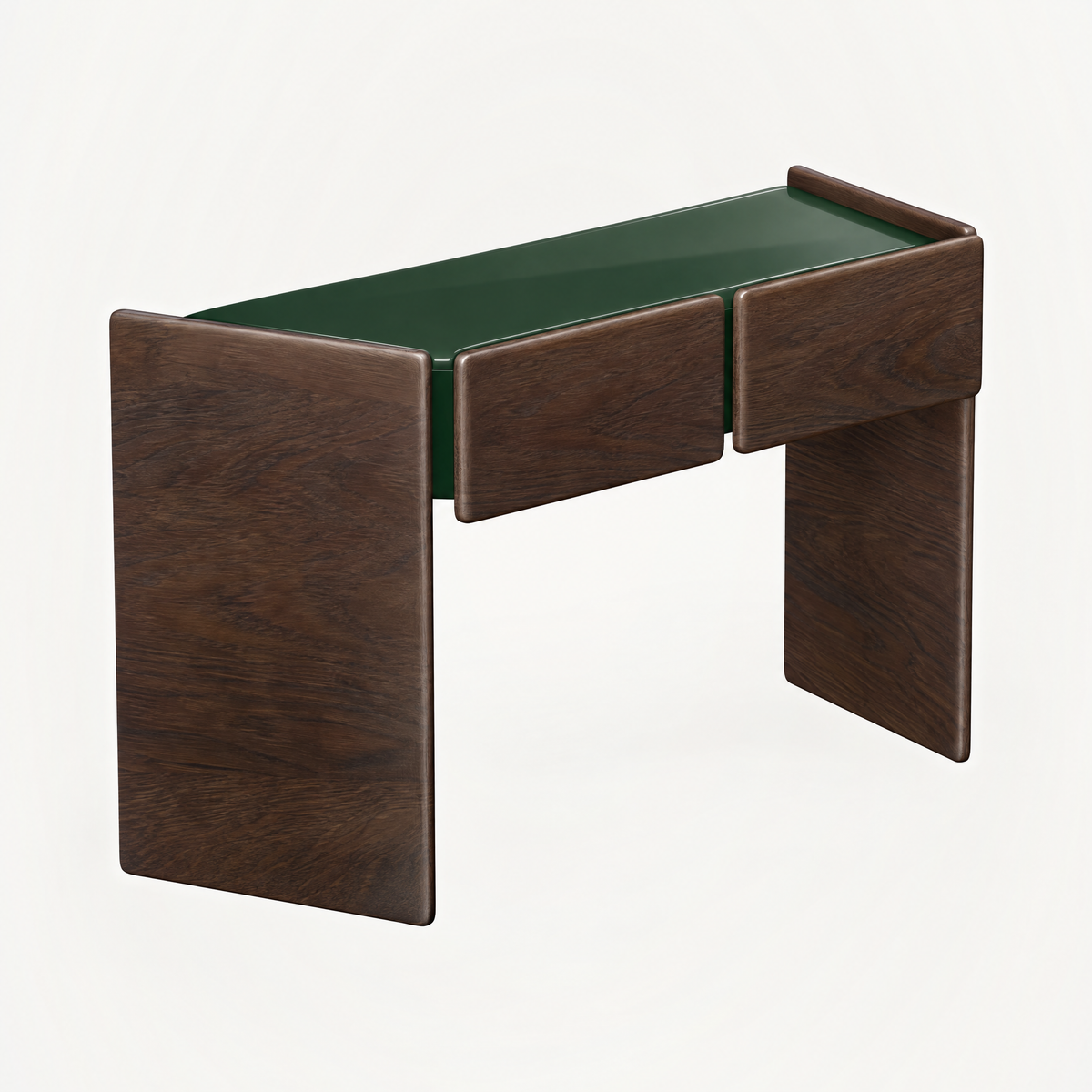 The Dista Console by Valerio Sommella pairs rich Dark Oak with a recessed green surface and an open architectural silhouette, available at ACERKA Miami.