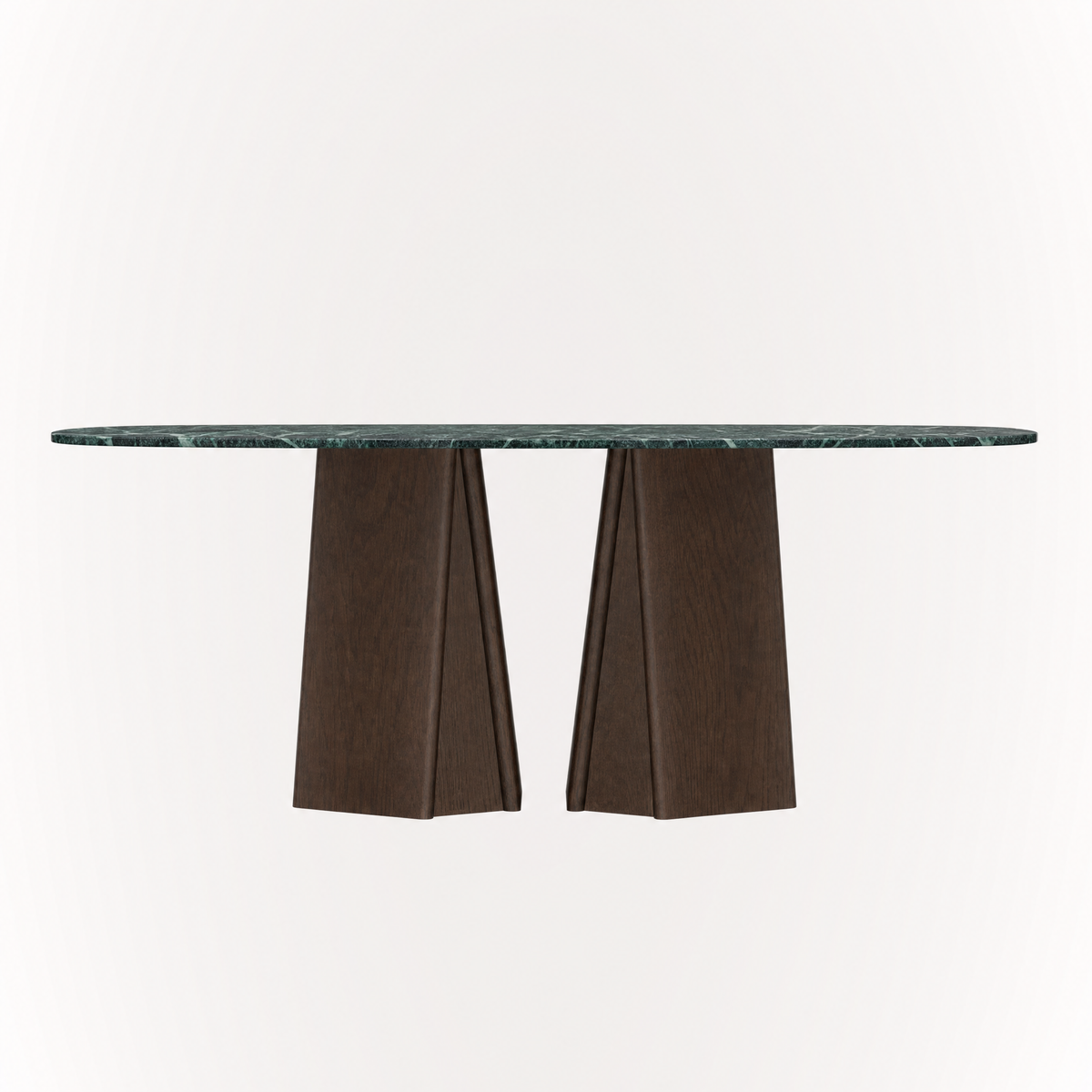 ACERKA Miami presents the Chuli Rectangular Dining Table by Valerio Sommella, featuring a dramatic Verde Alpi marble top supported by sculptural twin solid oak pedestals.