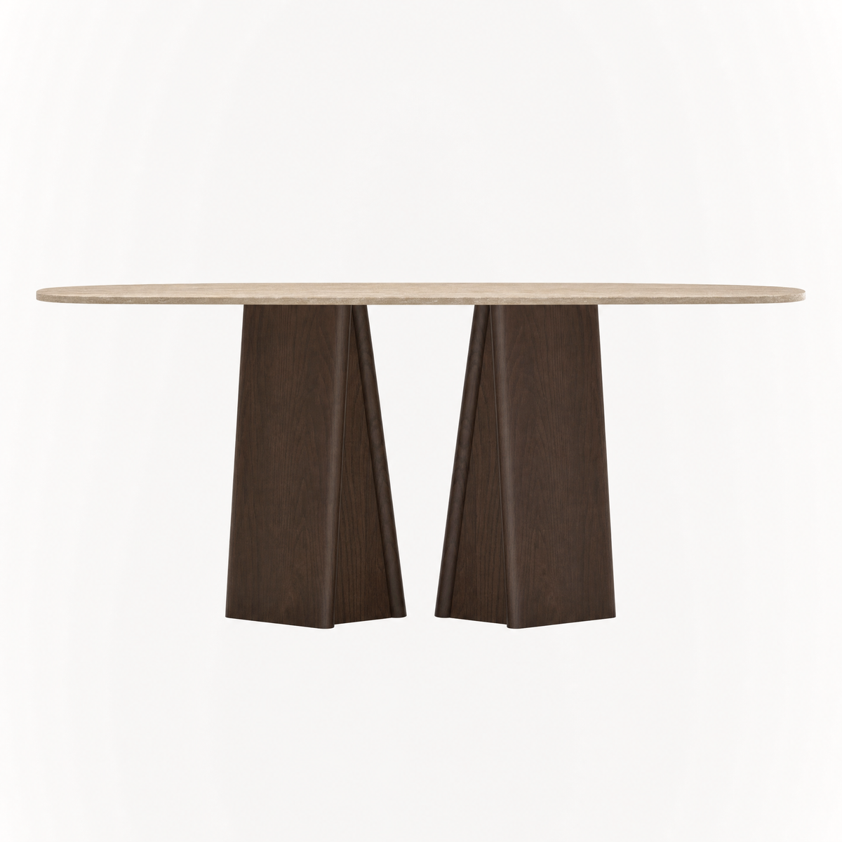 ACERKA Miami presents the Chuli Rectangular Dining Table by Valerio Sommella, featuring an Italian Classic Travertine top supported by sculptural tapered solid oak pedestals.