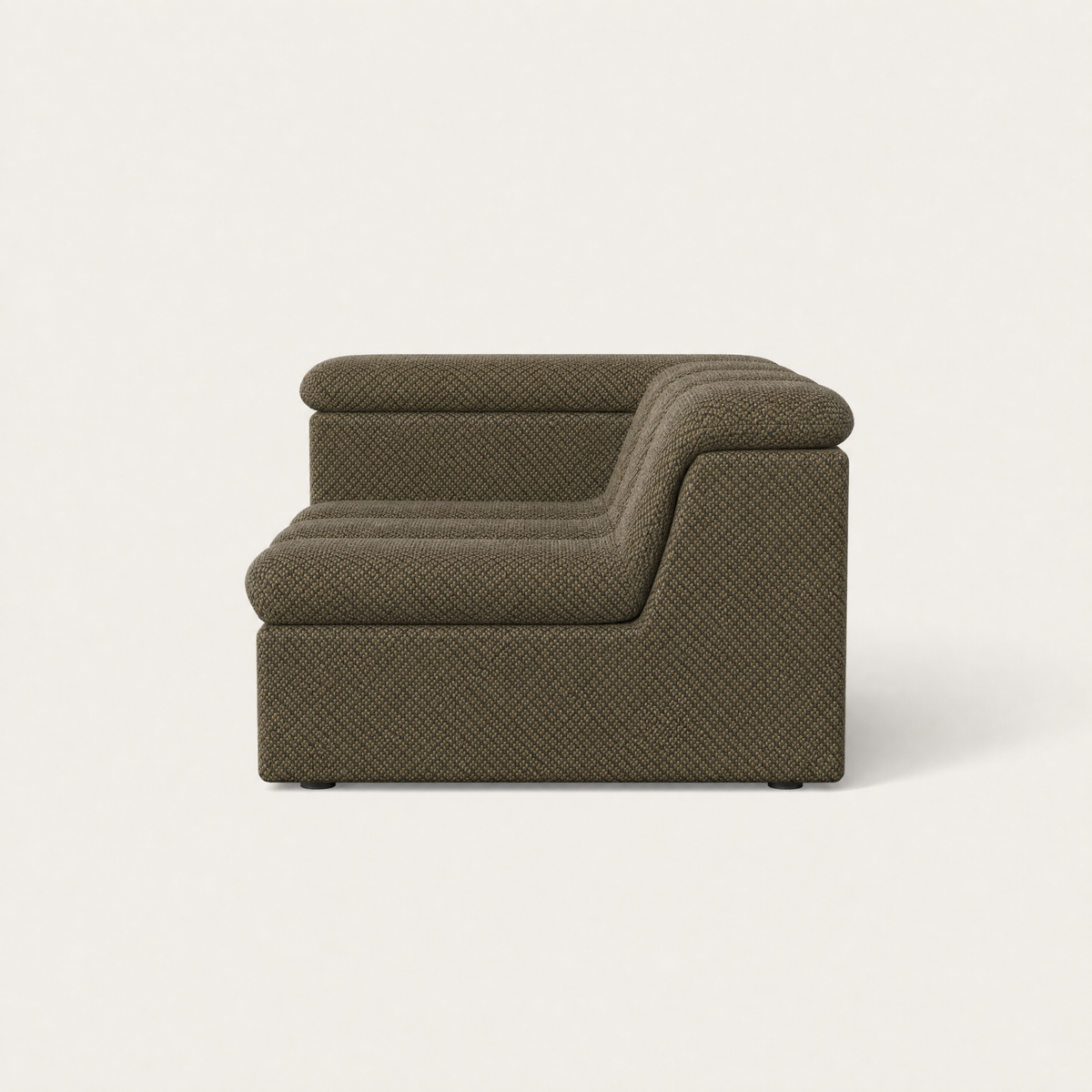 Devi Sofa in olive green upholstery, side view — Designed by Valerio Sommella for Acerka