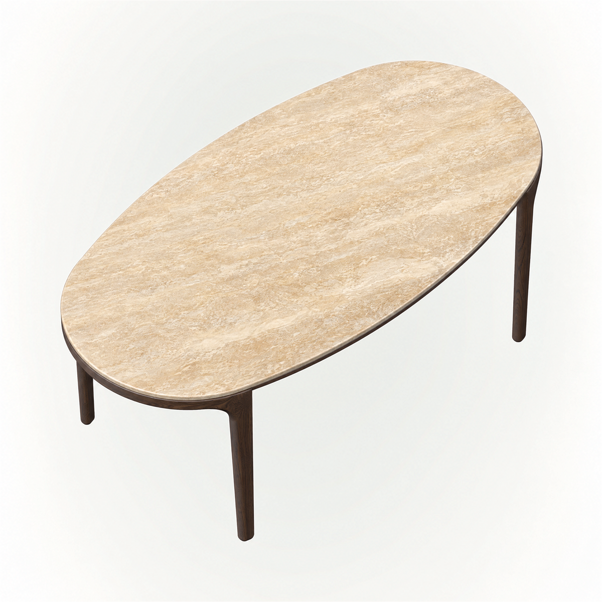 Italian Travertine brings organic texture to the Tcha Dining Table, while ACERKA Miami showcases its contrast with a rich Dark Oak four-leg frame.
