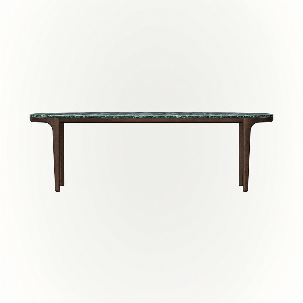 Deep green Verde Alpi marble contrasts with a streamlined Dark Oak structure in the Tcha Dining Table, available at ACERKA Miami.