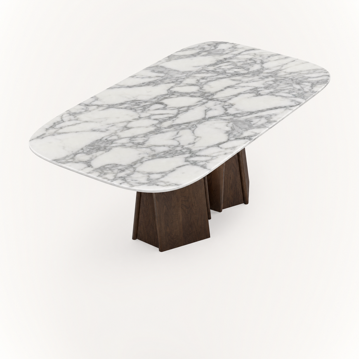 Expressive gray veining flows across the Arabescato marble top of Valerio Sommella’s Chuli Rectangular Dining Table, showcased by ACERKA Miami.