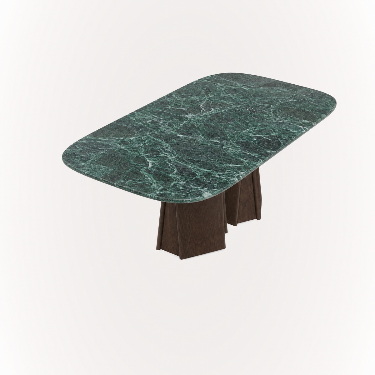The Chuli Rectangular Dining Table at ACERKA Miami showcases a striking Verde Alpi marble surface balanced by two sculptural solid oak pedestals.