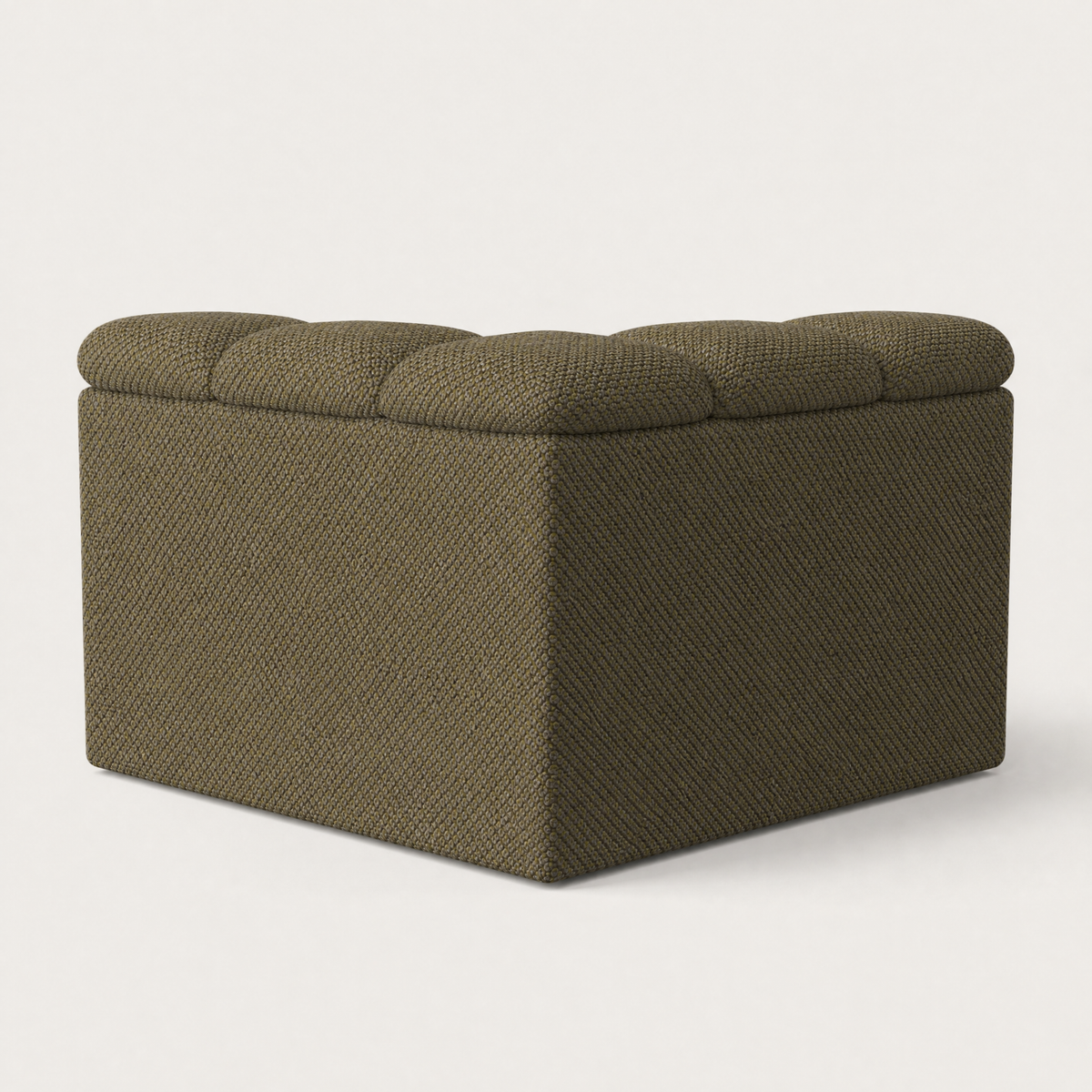 A square upholstered ottoman with a tufted top cushion and a textured fabric cover in a dark olive green color, shown on a light gray background. Designed by Valerio Sommella for Acerka.