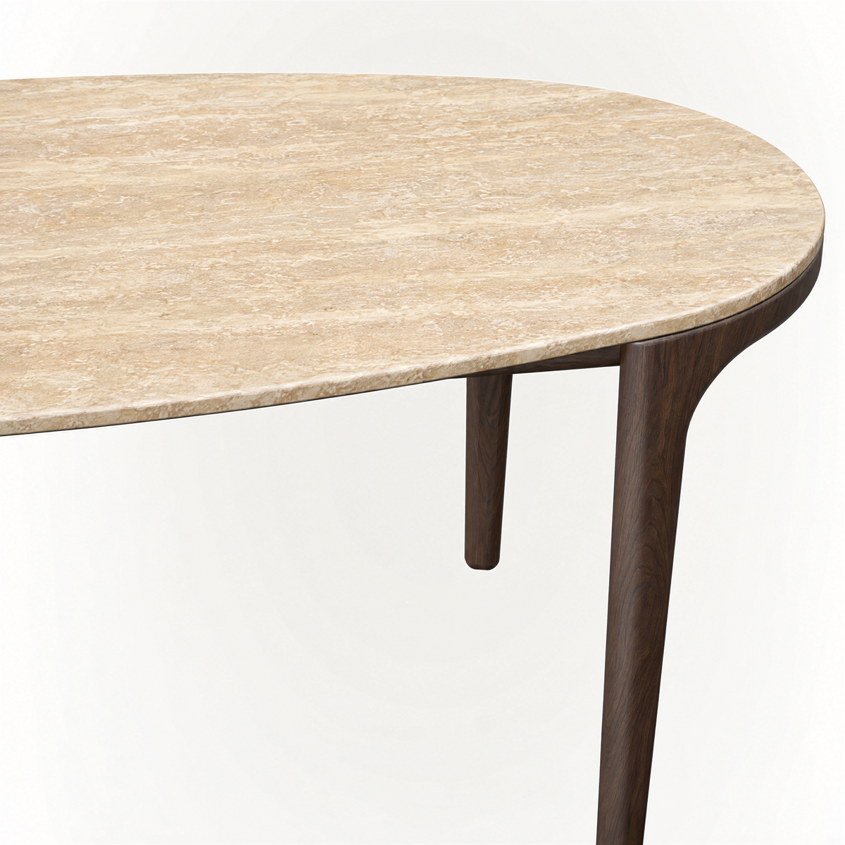 Warm travertine and Dark Oak shape ACERKA Miami’s Tcha Dining Table, combining substantial natural materials with an elegant four-leg silhouette.