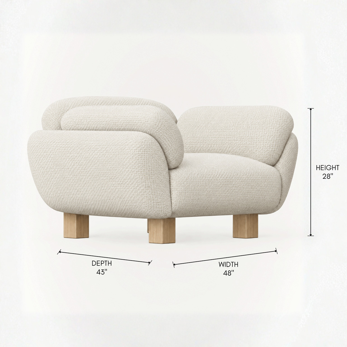 The Kara Lounge Chair by Kar Duran features a broad rounded seat, integrated arms, and continuous Alpine White upholstery for ACERKA Miami.