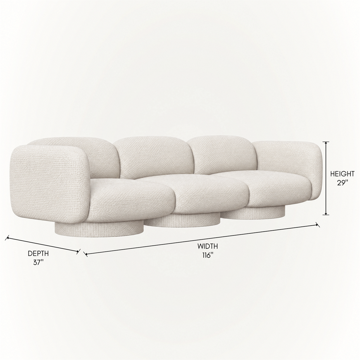 The Rimo 3-Seater Sofa by Kar Duran features a low sculptural profile, rounded cushions, enveloping arms, and Alpine White upholstery for ACERKA Miami.