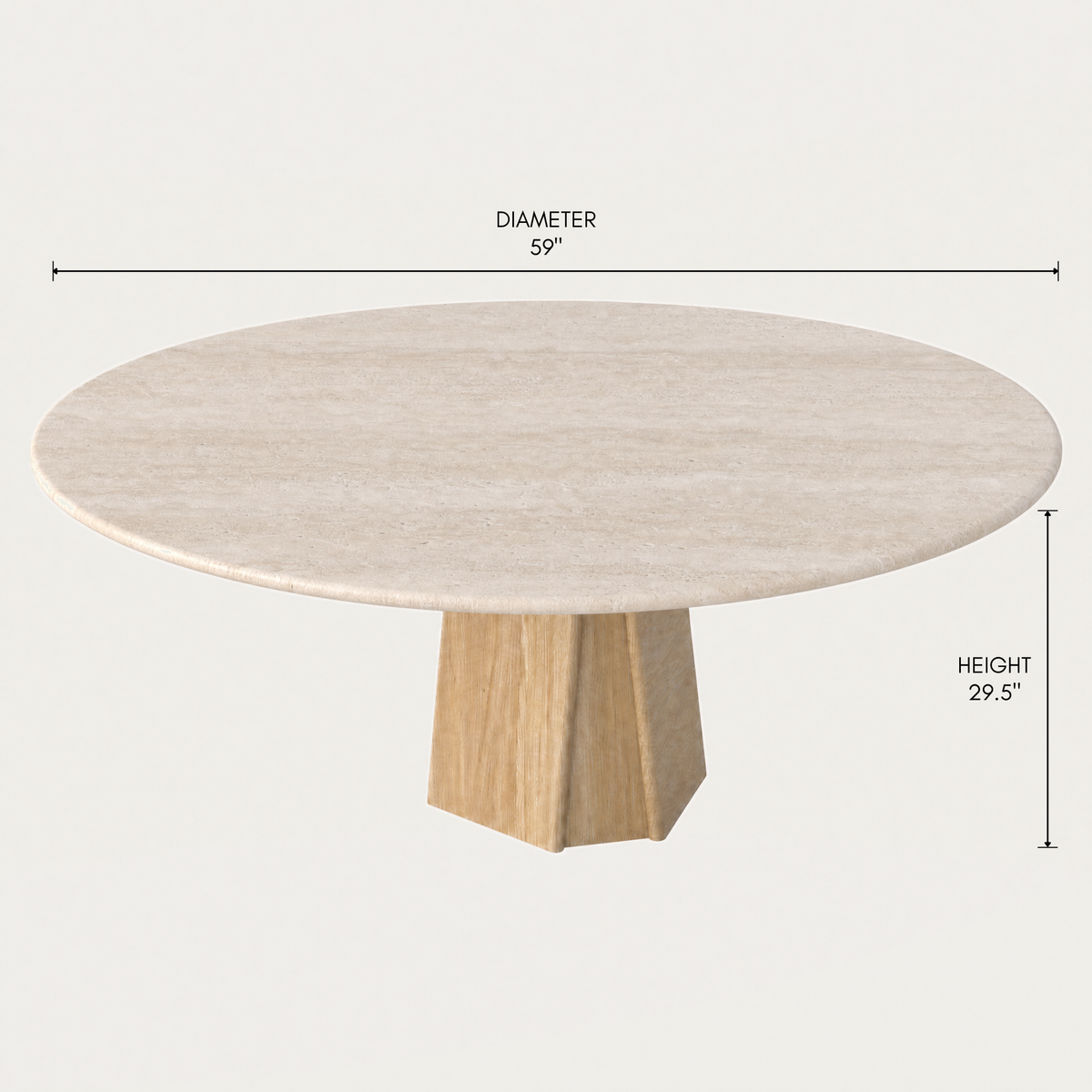 The Chuli Round Dining Table by Valerio Sommella features an Italian Light Travertine top with subtle tonal variation and a bold architectural base for ACERKA M