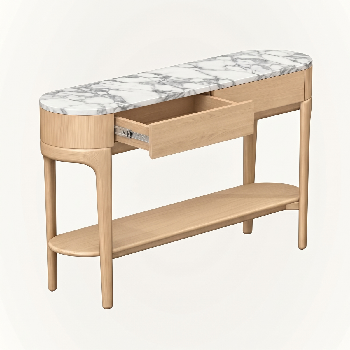 The Tcha Oak Console by Ramón Esteve features an Italian Arabescato marble top with distinctive gray veining and an FSC-certified solid oak base for ACERKA Miami.
