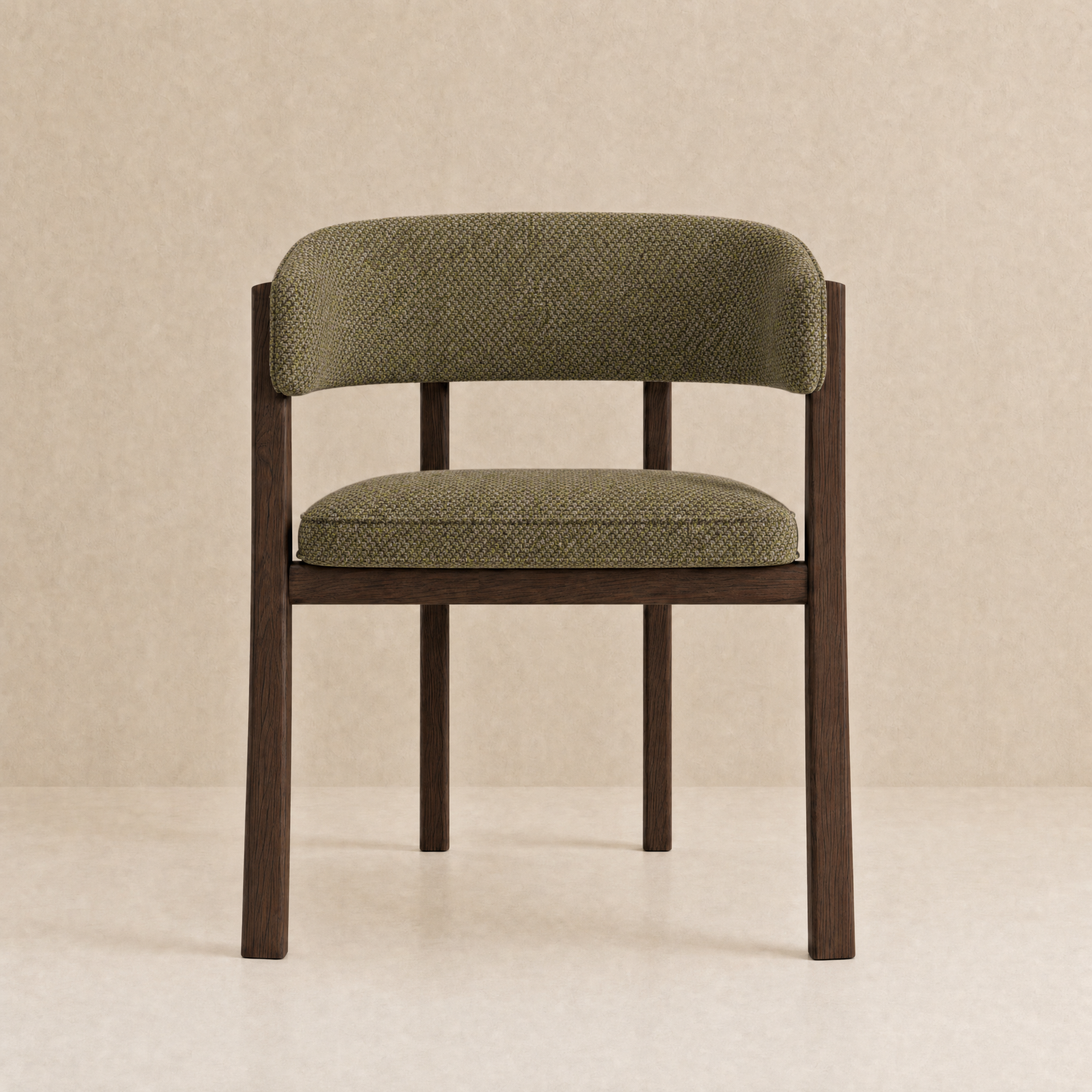 A modern accent chair with a dark brown wooden frame and textured olive green fabric upholstery on the seat and curved backrest, shown against a neutral beige background.