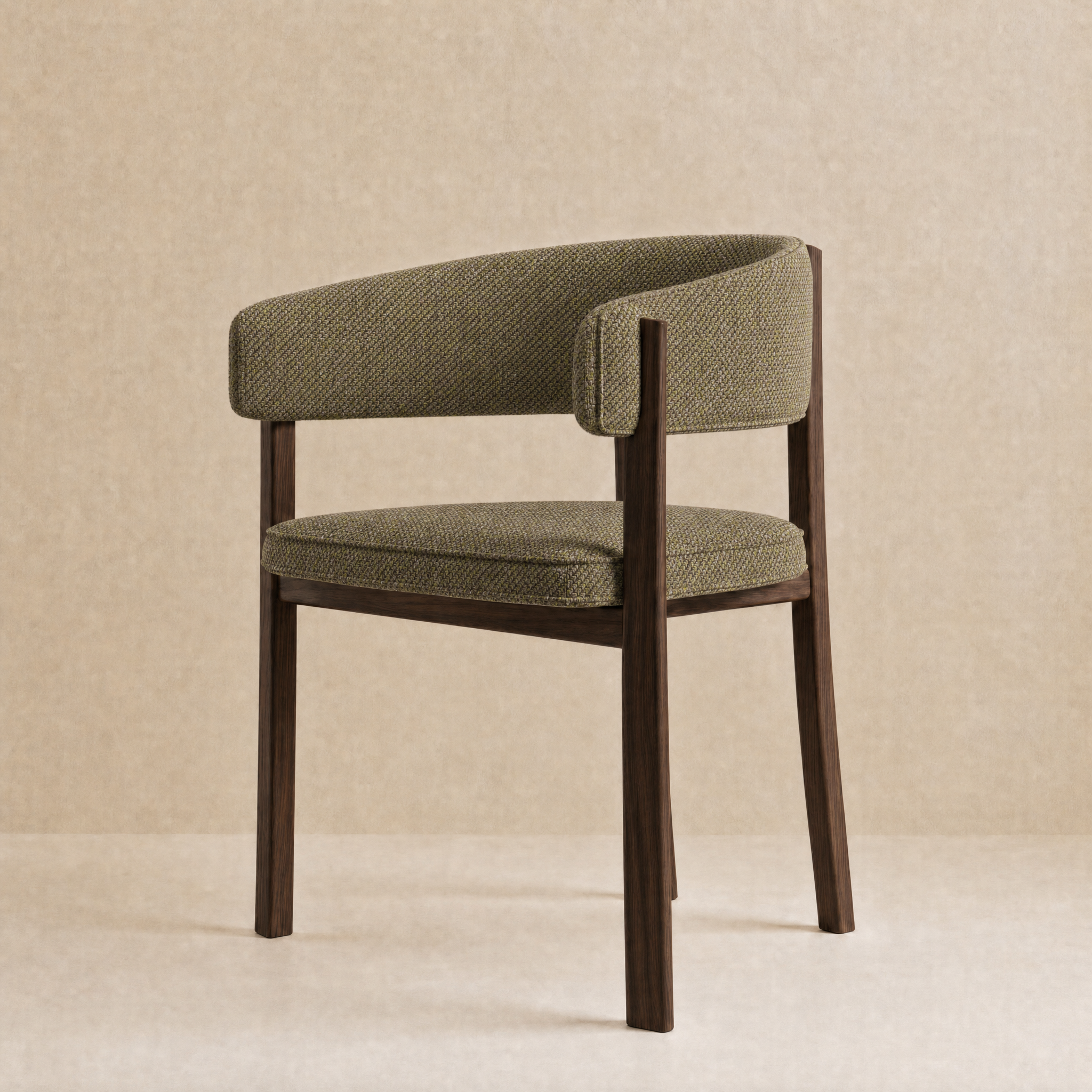 A modern accent chair with a curved backrest and seat, upholstered in a textured olive green fabric, supported by a dark brown wooden frame, set against a neutral beige textured background.