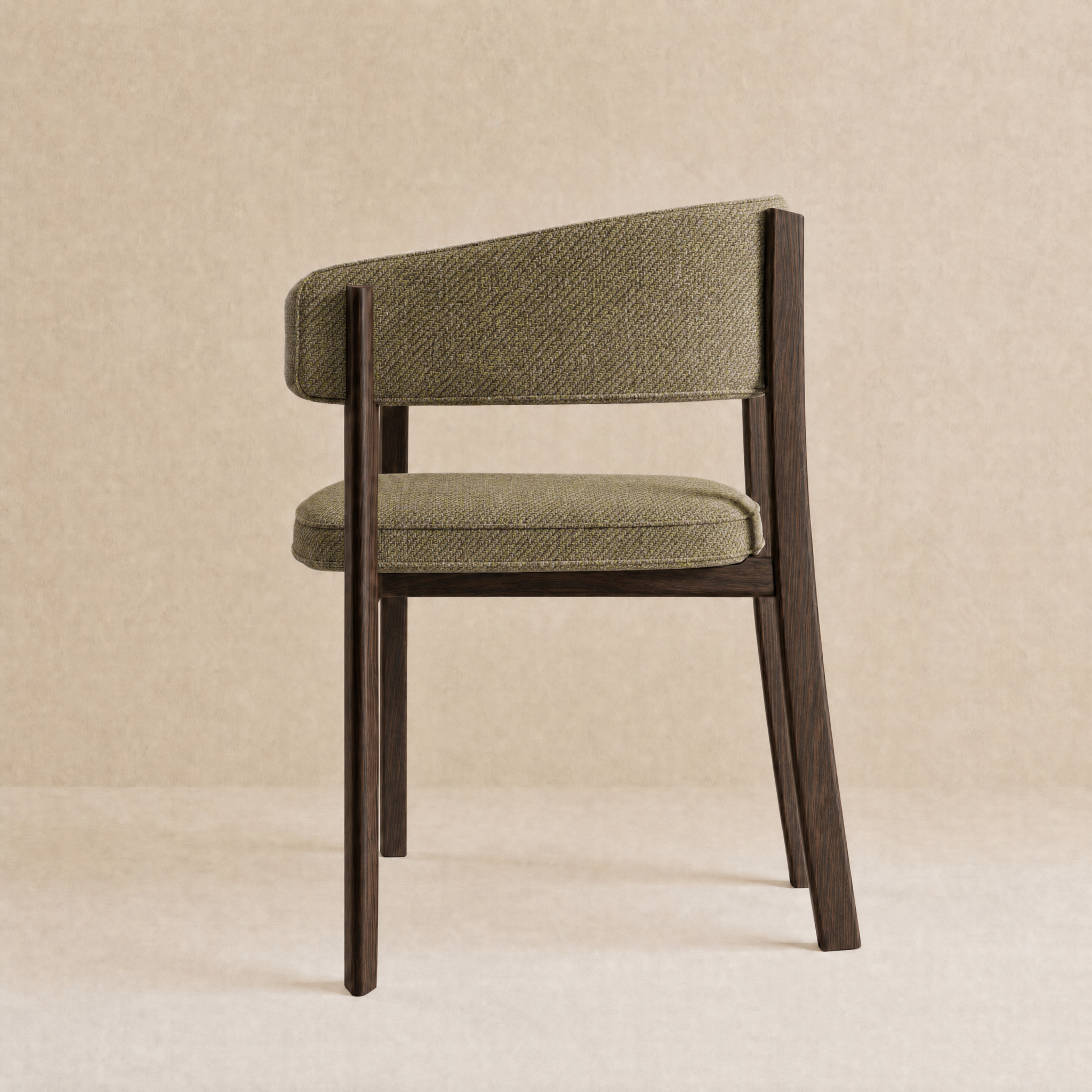 A modern accent chair with a dark wood frame and textured olive green upholstery, shown against a neutral beige background.