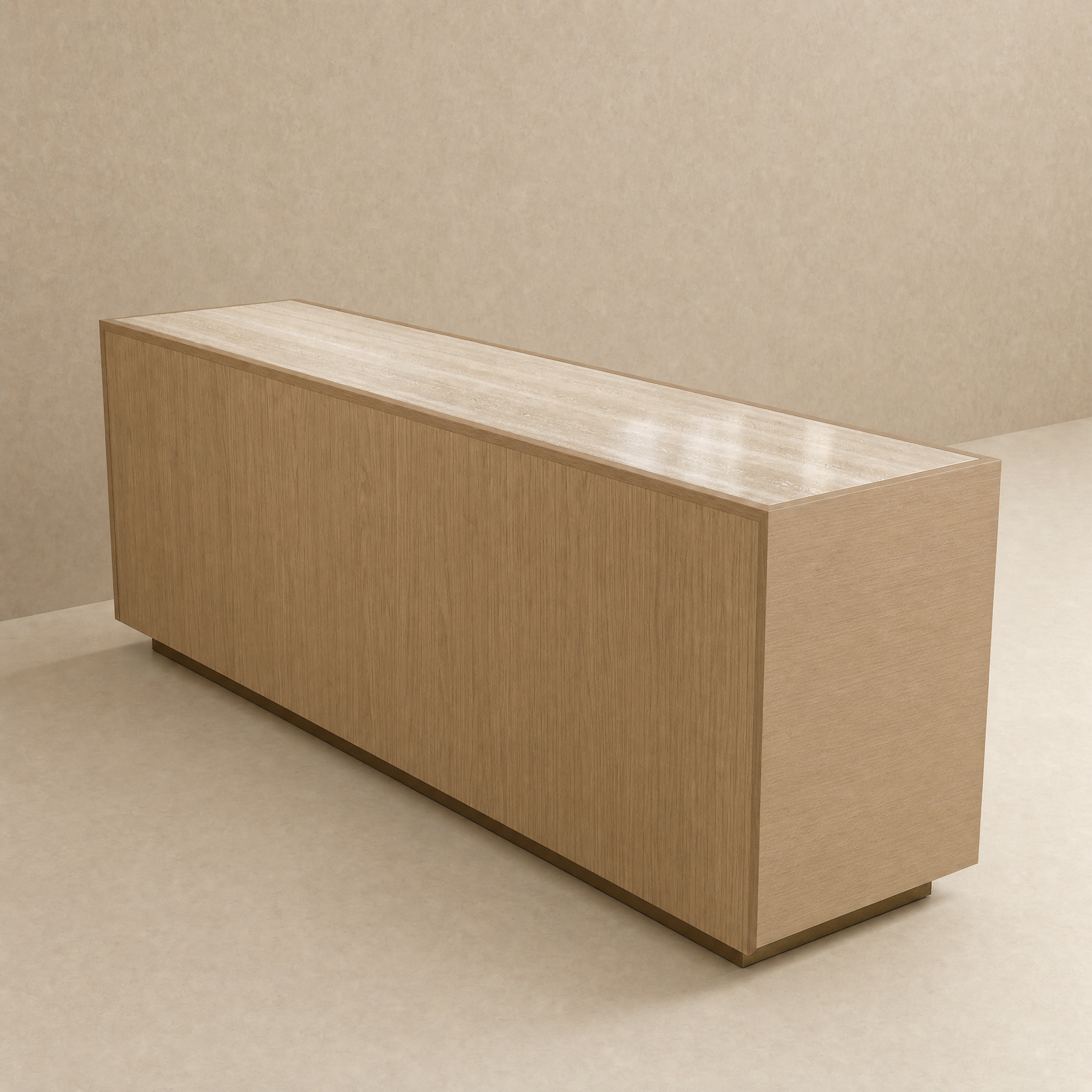 A modern rectangular sideboard or credenza with a light oak wood grain finish and a contrasting light marble top, shown in a minimalist beige room setting.