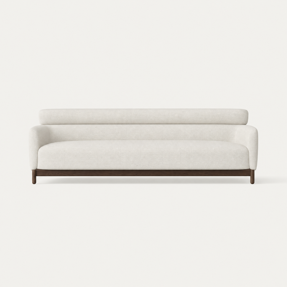 ACERKA Miami presents the Sia Large Sofa by Ramón Esteve, featuring Alpine White upholstery, softly rounded arms, and a curved Dark Oak base with integrated legs.