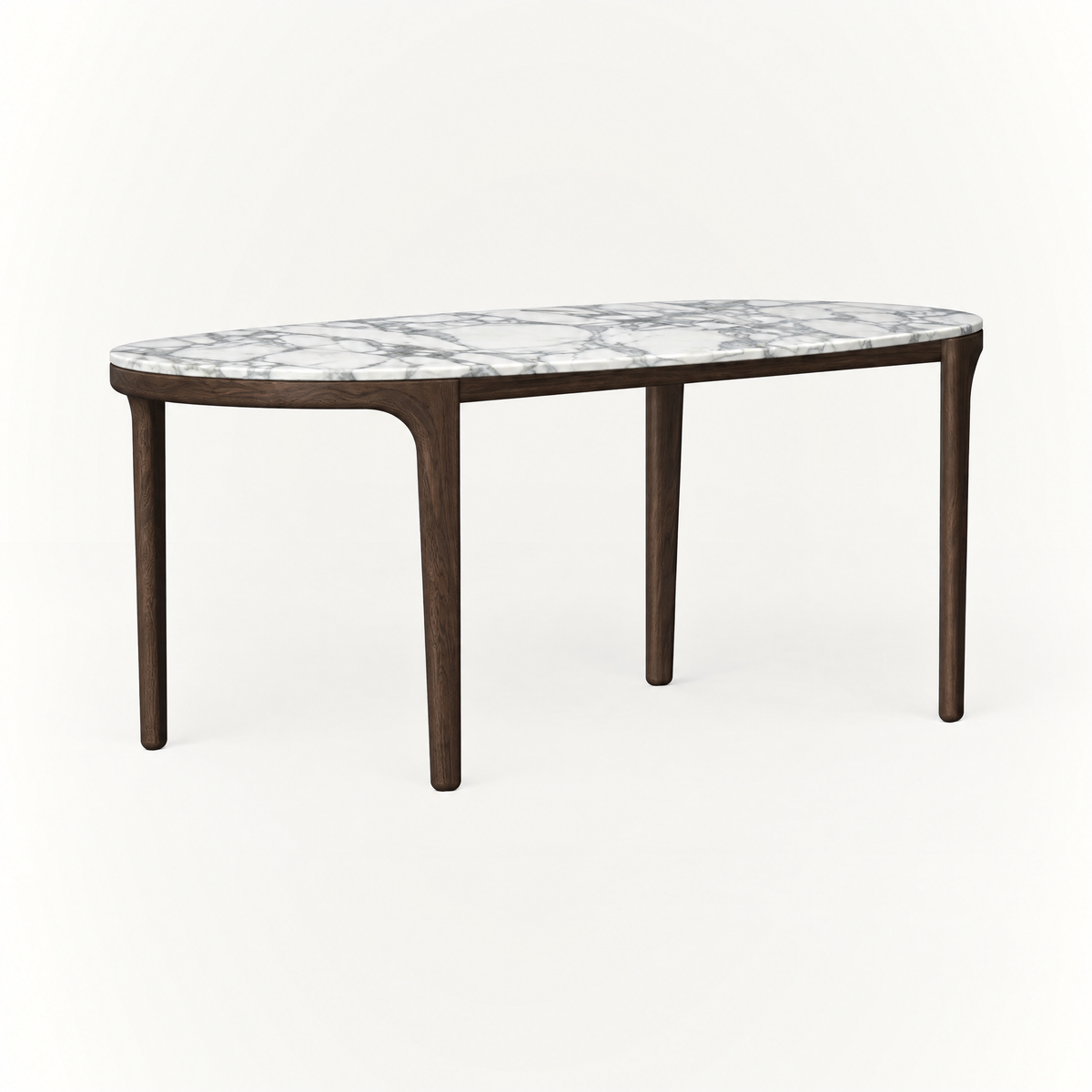 ACERKA Miami showcases the Tcha Dining Table, pairing a softly rounded Italian Arabescato marble top with a slender Dark Oak frame.