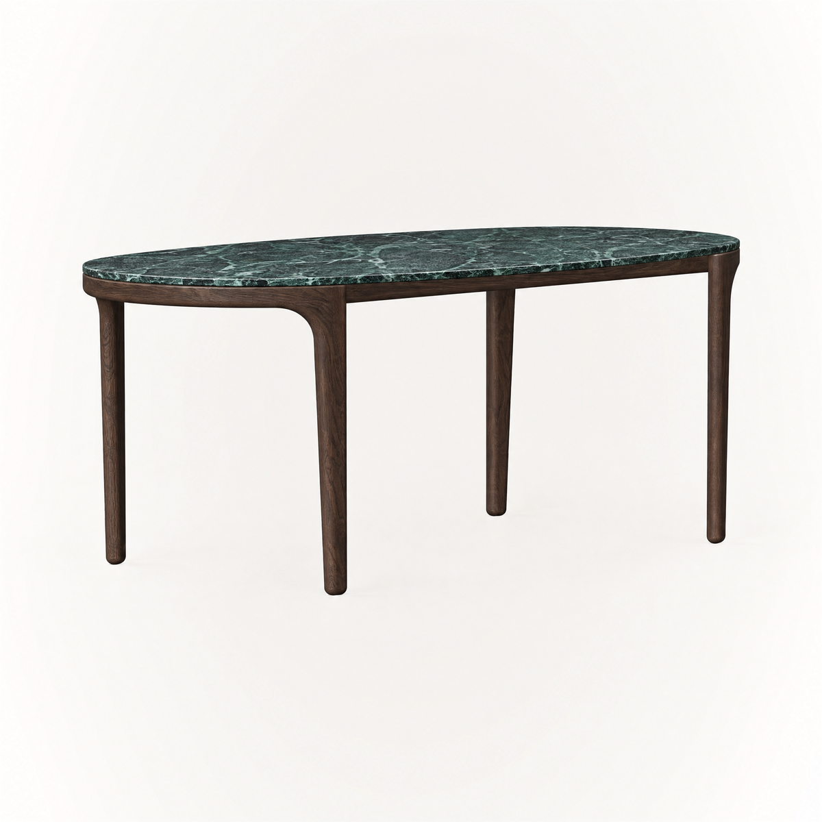 The Tcha Dining Table features a richly veined Verde Alpi marble top and slender Dark Oak legs, creating a striking profile at ACERKA Miami.