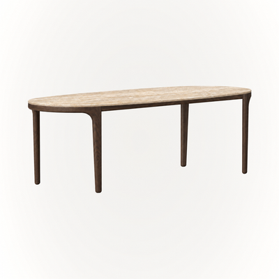 visual presence.
ACERKA Miami presents the Tcha Dining Table, featuring an elongated Italian Travertine top supported by a slender Dark Oak frame and four-leg base.
