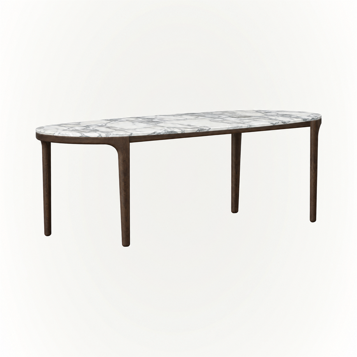 ACERKA Miami presents the Tcha Dining Table, featuring an elongated Italian Arabescato marble top supported by a slender Dark Oak frame and four-leg base.